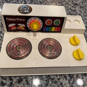 Fisher-Price vintage stove White Toy Kitchen with Bright Yellow Knobs